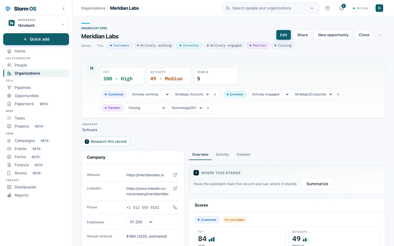 The Meridian Labs organization record with Customer, Investor and Partner role chips, fit and activity scores, a count of five people, the industry, website, LinkedIn, phone, headcount and annual revenue, and an overview tab with a Summarize button