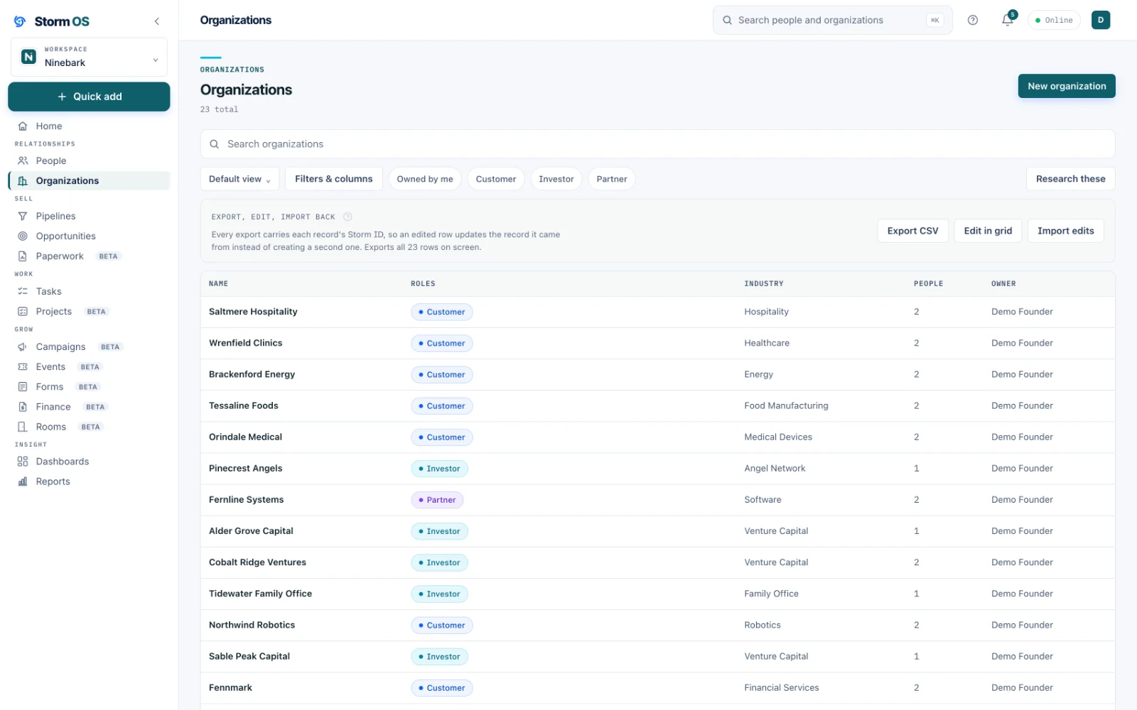 The Organizations list, 23 companies with their role chips, industry, people count and owner, under filter chips for Customer, Investor and Partner and a bar for exporting to CSV and importing edits back