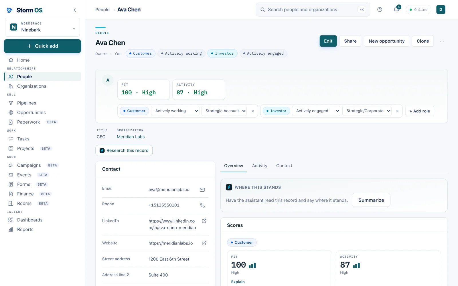 The record for Ava Chen, with Customer and Investor role chips, a fit score of 100 and an activity score of 87, both high, her title at Meridian Labs, contact details, and the overview tab beside them