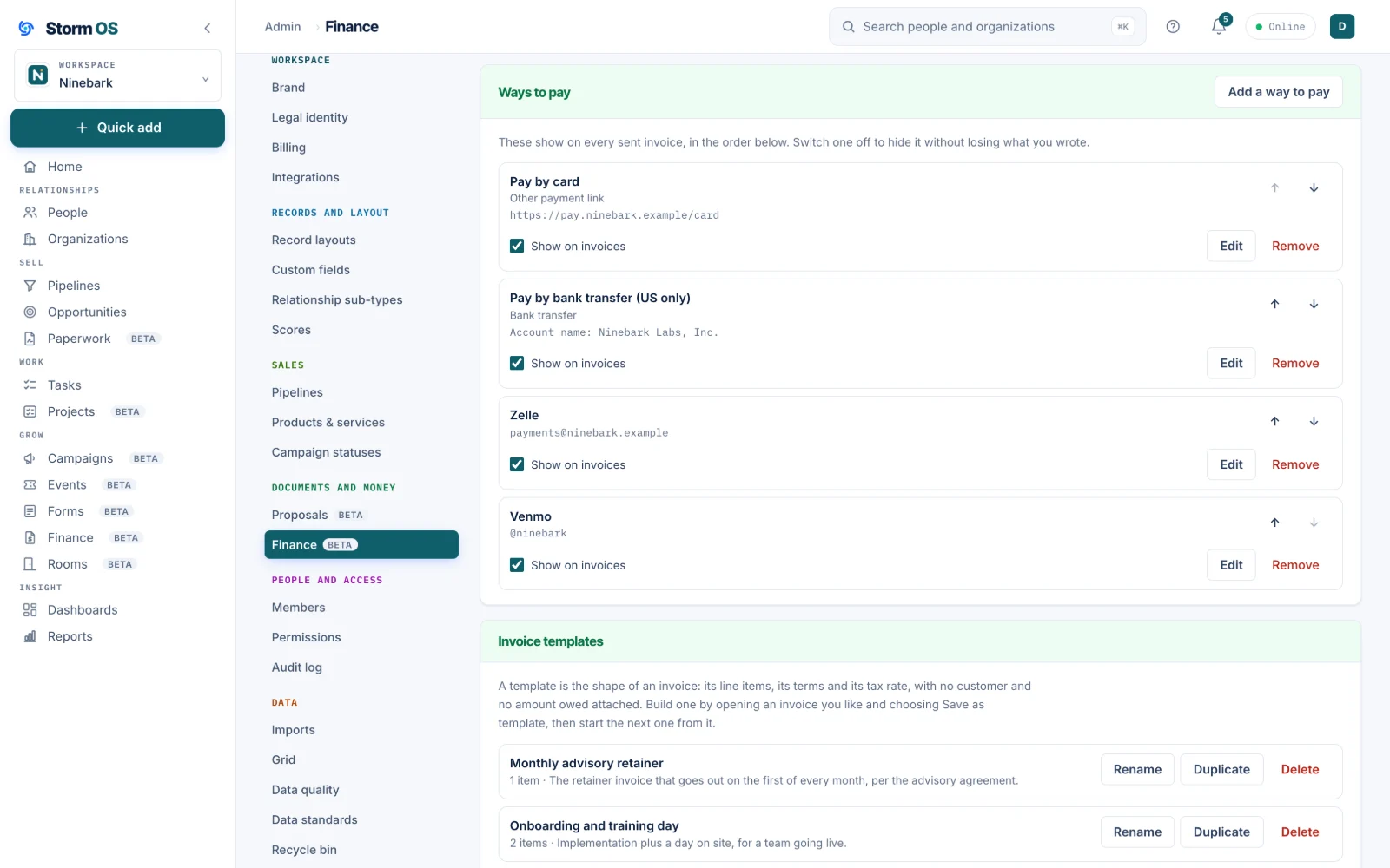The Finance settings page in Admin showing Ways to pay: a Pay by card link, Pay by bank transfer (US only) with the account name Ninebark Labs, Inc., Zelle and Venmo, each with arrows to reorder it, a checked Show on invoices box and Edit and Remove buttons, with the Invoice templates card and two saved templates below