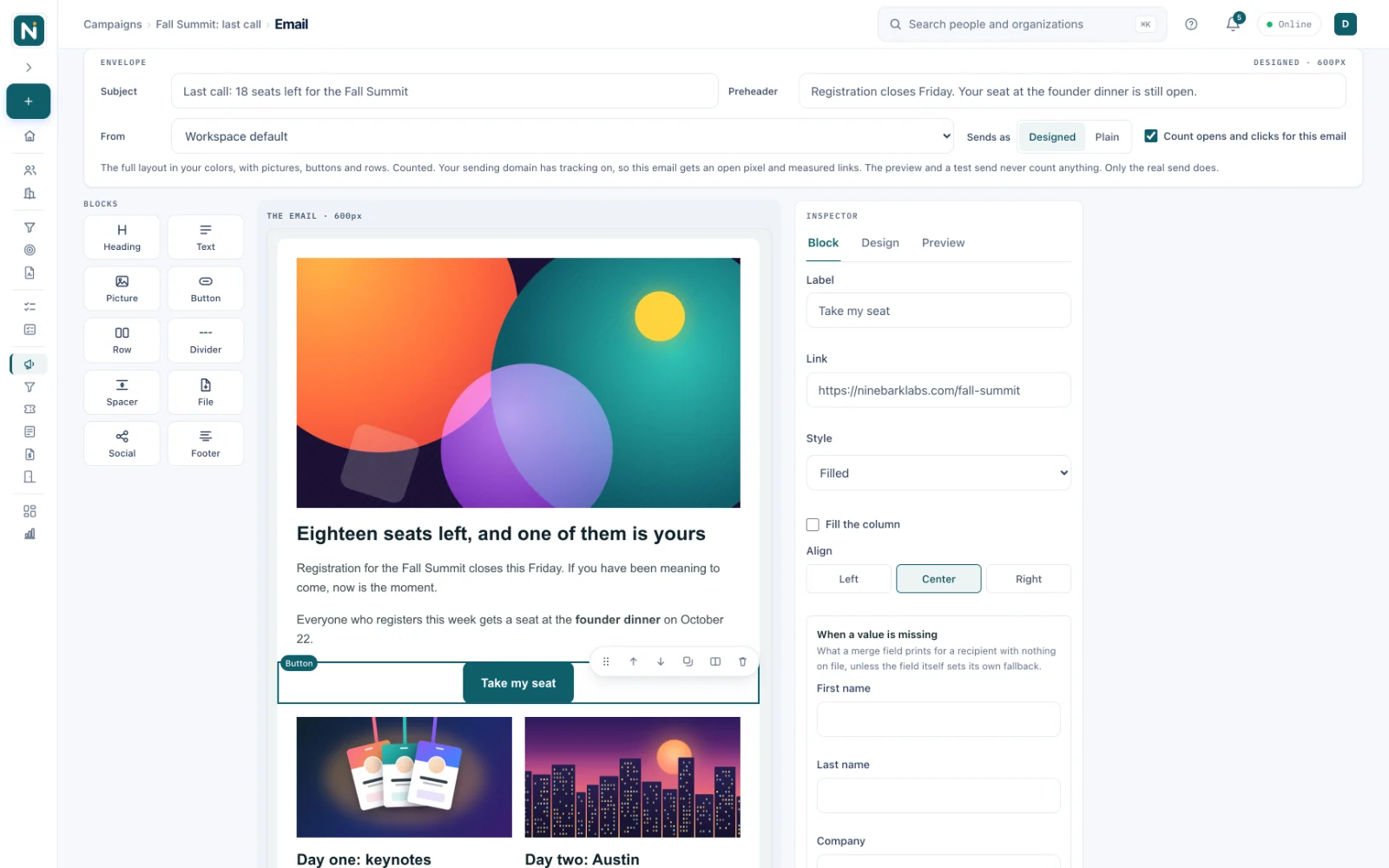 The Storm OS email composer with a palette of blocks on the left, an email in the middle with a colorful hero picture, the headline Eighteen seats left, and one of them is yours, a centered Take my seat button and a two-column row of pictures, and the button's settings on the right
