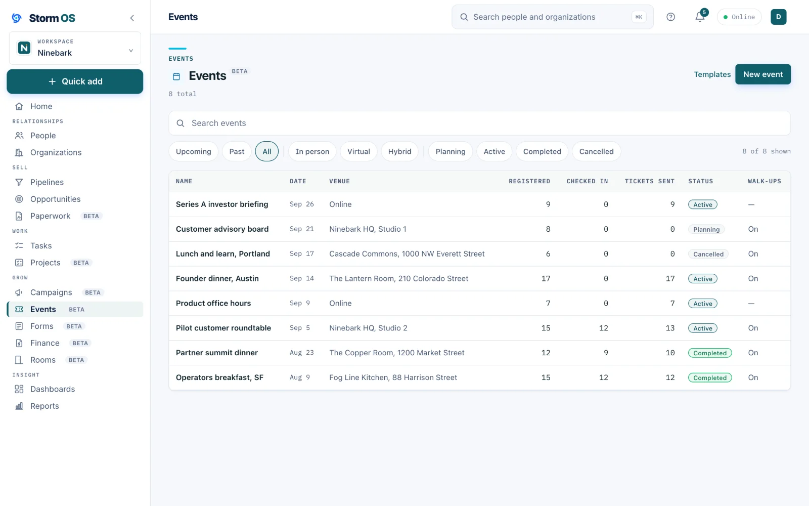 The Events list on its All tab, each event with its date, venue, registered, checked in and tickets sent counts, a status chip and whether walk-ups are on