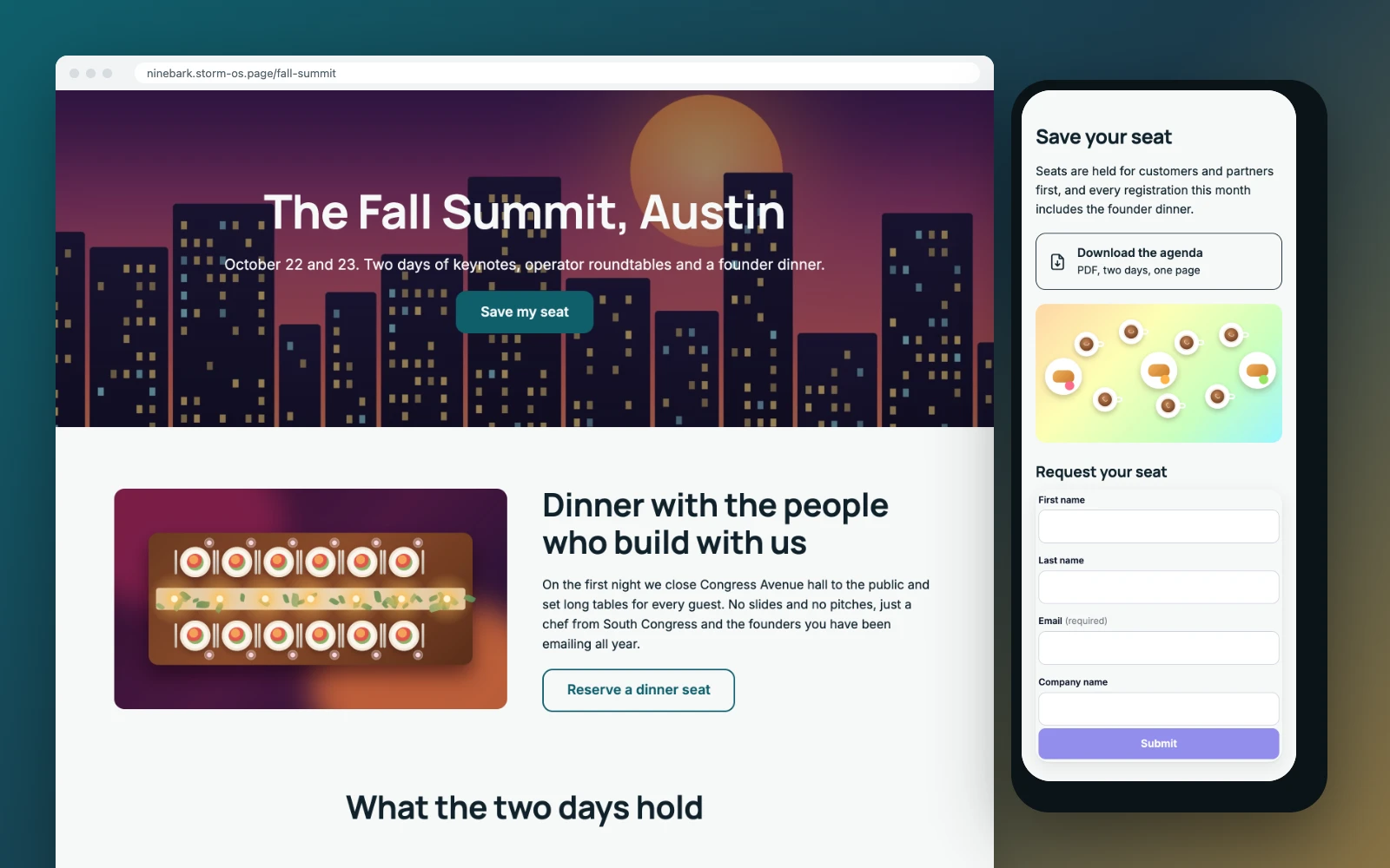 The Fall Summit landing page as a visitor sees it, on a laptop and a phone: on the laptop a city-at-dusk hero reading The Fall Summit, Austin with a Save my seat button and a founder dinner section below, and on the phone the Save your seat section with an agenda download, a picture and the seat request form with first name, last name, email and company fields and a Submit button