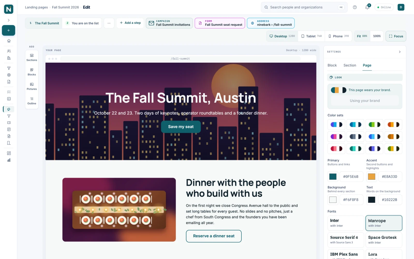 The landing page builder for Fall Summit 2026, with two steps named The Fall Summit and You are on the list, chips for its campaign, form and address, the page in the middle with a city-at-dusk hero reading The Fall Summit, Austin and a Save my seat button, a two-column section about the founder dinner below, and the page's brand colors and fonts on the right