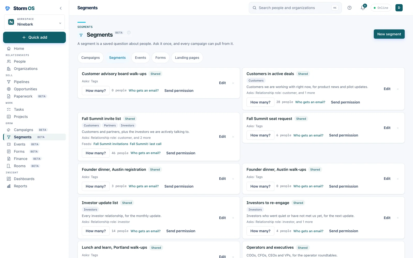 The Segments page with a grid of segment cards, each with its name, what it asks for, a How many button and a live count, among them the Fall Summit invite list with customers, partners and investors at 46 people feeding two campaigns, Customers in active deals at 28, the Investor update list at 14 and Investors to re-engage at 4