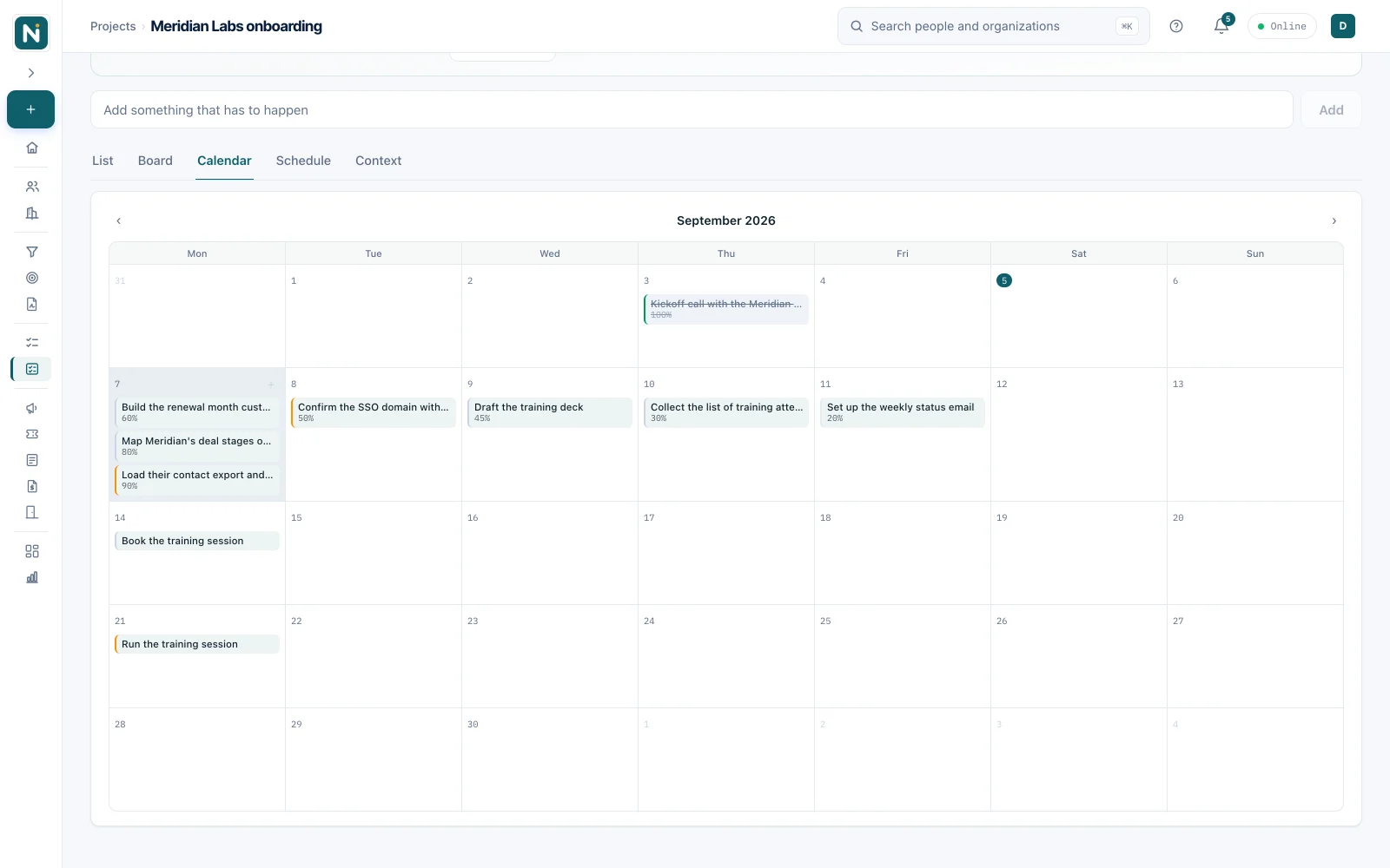The Meridian Labs onboarding project on its Calendar tab for September 2026, the kickoff call on the 3rd struck through as done, three tasks on Monday the 7th and one a day through the 11th with their percent complete, then the training session booked on the 14th and run on the 21st
