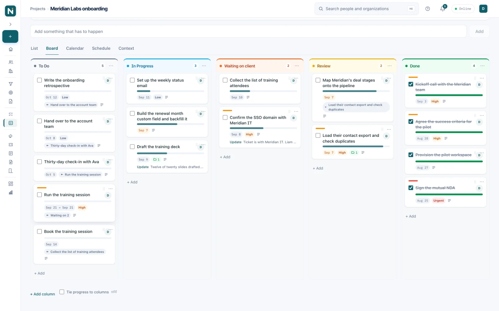The Meridian Labs onboarding project on its Board tab, with columns for To Do, In Progress, Waiting on client, Review and Done holding task cards with due dates, priorities, progress bars and updates